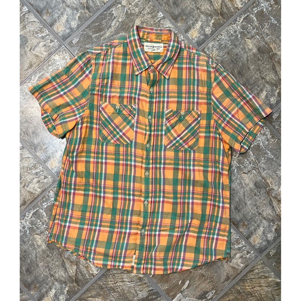 Denim & Supply Ralph Lauren Shirt Mens Large Orange Plaid Short Sleeve